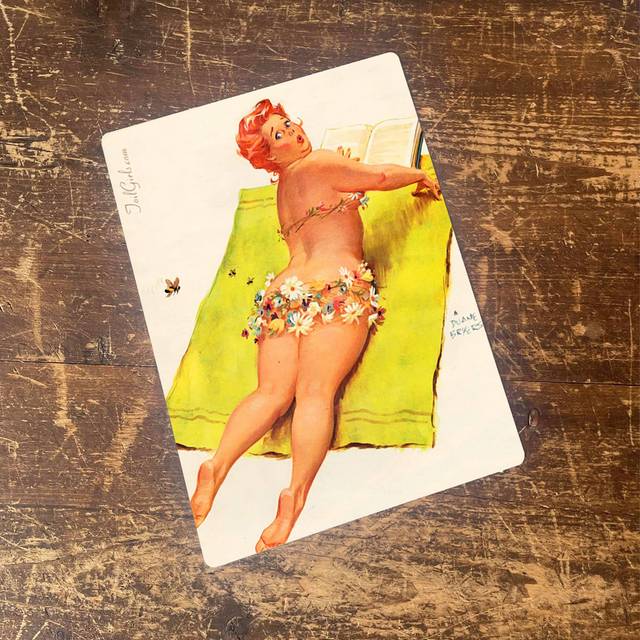 Pinup Girl Sunbathing Bee - Metal Pin Up Girl Wall Sign - Red;Yellow;Cream (20cm H X 15cm W)