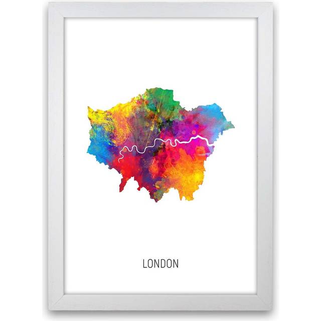London Watercolour Map by Michael Tompsett - Graphic Art Print - White Framed (46cm H x 34cm W x 3cm D)