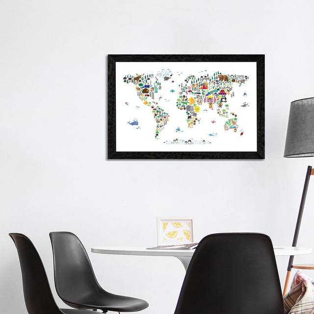 Animal Map of the World by Michael Tompsett - Graphic Art Print on Canvas - Black Framed (66.04 cm H x 45.72 cm W)