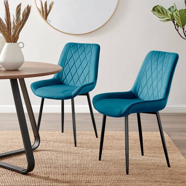 Palermo Velvet Modern Dining Chairs with Tapered Metal Legs & Quilted Diamond Stitching - Black (88cm H X 54cm W X 63cm D)