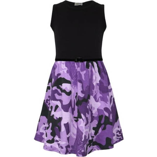 (11-12 Years, Purple) Kids Girls Skater Dress Camouflage Contrast Panel