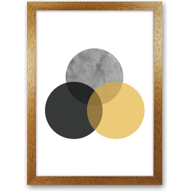 Geometric Mustard and Black Circles by Pixy Paper - Graphic Art Print - Oak Framed (59.4cm H x 42cm W x 3cm D)