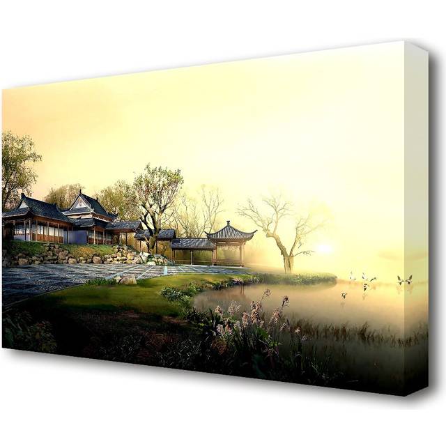 &#39;Beautiful Japanese Garden Seascape&#39; Painting Print on Canvas (66 cm H x 101.6 cm W)