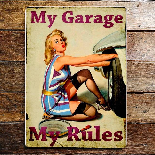 My Garage My Rules Pin up Girl Car Metal Wall Décor - Blue;Grey;Purple;Blue;Grey;Purple (28cm H X 40cm W)