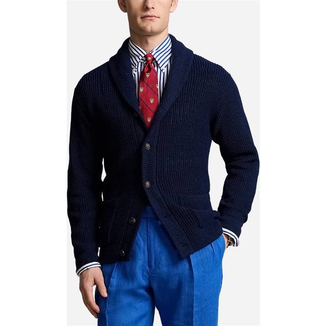 Polo Ralph Lauren Mens Bright Vy Shawl-collar Regular-fit Linen and Cotton-blend Knitted Cardigan L - BRIGHT NAVY