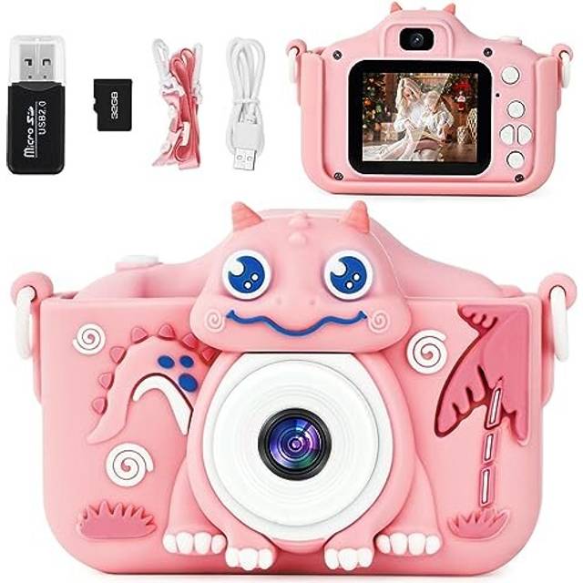 Kids Camera with Silicone Case, Rechargeable Kids Digital Dual Camera, Shockproof Childrens Digital Selfie Camera with 2 Inch HD Screen 1080P Video