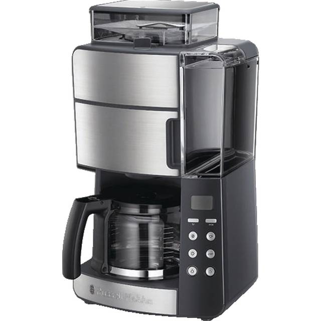 Russell Hobbs kaffebryggare, upp till 10 koppar, glaskanna, justerbar kvarn med 3 lägen, 2400W, rostfritt stål, Grind and Brew 25610-56