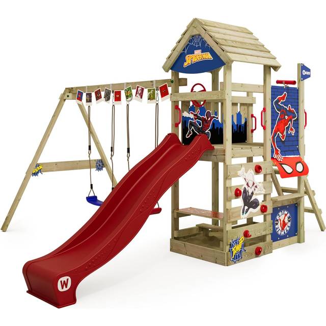 Wooden climbing frame Disney Adventure, swing set and slide, Garden playhouse with sandpit, climbing ladder & play-accessories - Spiderman - Wickey