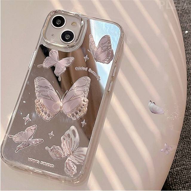 (iPhone 12 Mini) Bling Mirror Silver Butterfly Cute Phone Case for Apple iPhone 14 ProMax 13 12 Pro Max 11 Cover Protective Women Soft Cases