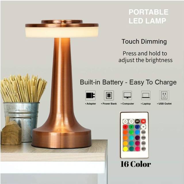 (Bronze RGB) LED Retro Bar Table Lamp Touch Sensor Wireless Desk Lamp USB Rechargble