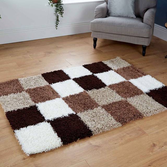 (60x120cm) Large 5cm Geometric Brown Beige Cream Shaggy Rugs