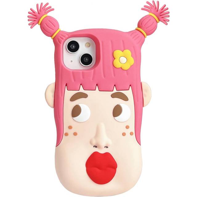 iPhone14 Plus Case Kawaii Phone,Cute 3D Cartoon Cool Pink Beautiful Girl with Flower Soft Silicone Shockproof Protective Case Funny for Women Girls