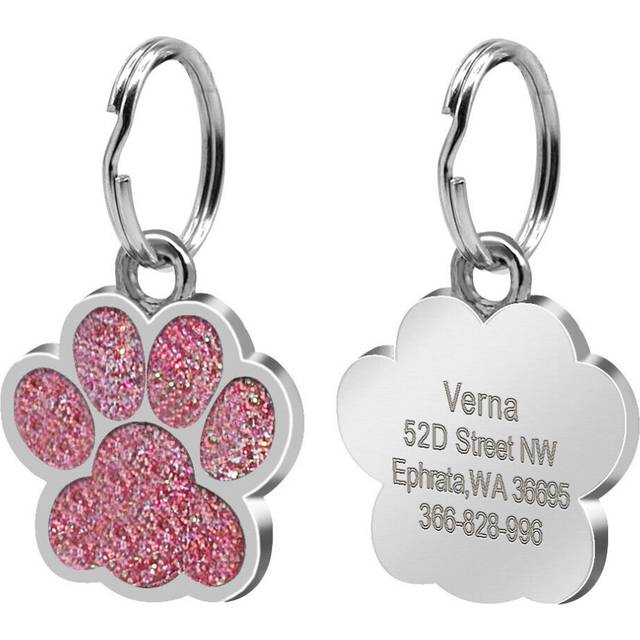 (Pink) Cute Paw Print Cat Dog Tag Personalized Free Laser Engraved Pet Name Identity