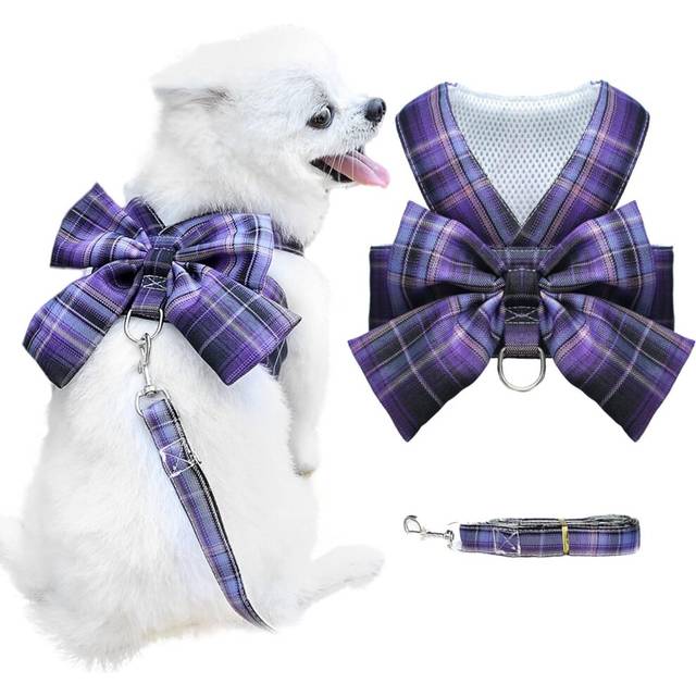 Dog Harness for Small Dogs with Bow Small Harness for Dogs with D-Ring Soft Mesh Adjustable Harness Set Puppy Pet Harness and Leash (Purple S)
