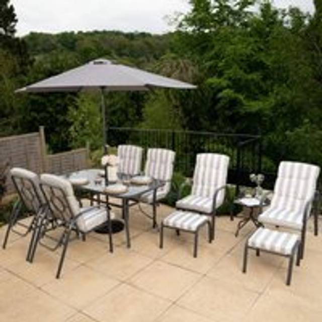 6 Seater Reclining Chair Dining Set Tempered Glass Table Parasol Grey - One Size