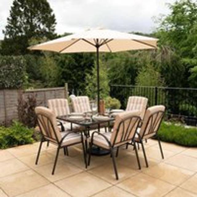 6 Seater Dining Set with Reversible Cushions and Parasol in Beige - One Size