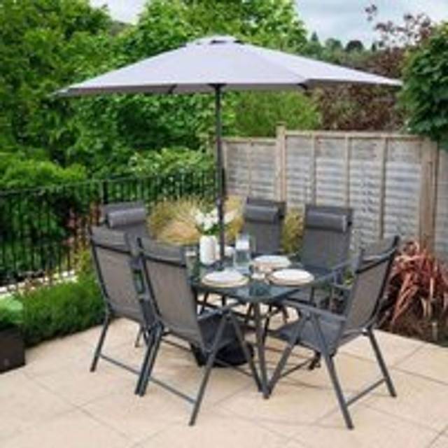 6 Seater Dining Set With Parasol Reclining Chairs Glass Table In Grey - One Size