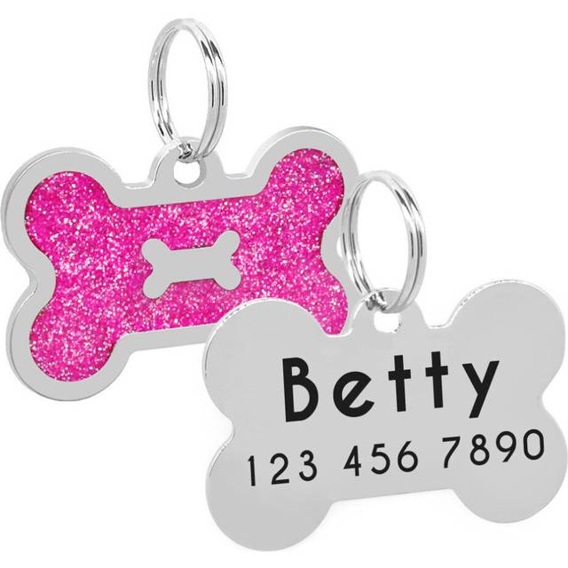 (Hot Pink) Glitter Bone Shape Personalized Dog Tags Engraved Pet ID Name Collar Tag Charm