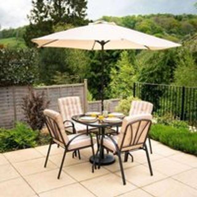 4 Seater Rattan Patio Dining Set with Parasol Reversible Cushions - Beige - One Size