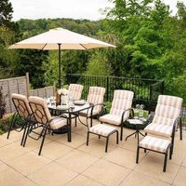 Reclining 6 Seater Patio Dining And Leisure Set with Parasol in Beige - One Size