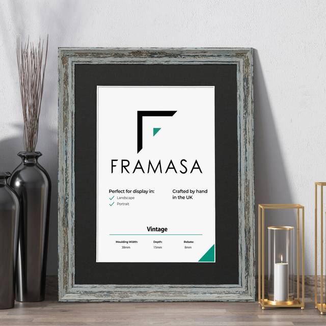 (Blue Frame Black Mount, 90x60CM Pic (100x70CM Frame)) Vintage Distressed Blue Photo Frames Shabby Wood Effect Picture Frames With Multicolored Mounts