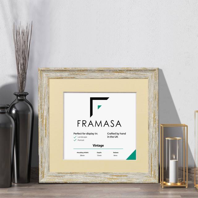 (White Frame Ivory Mount, 40x40CM Pic (50x50CM Frame)) Vintage Distressed White Photo Frames Shabby Wood Effect Picture Frames With Multicolored Mount