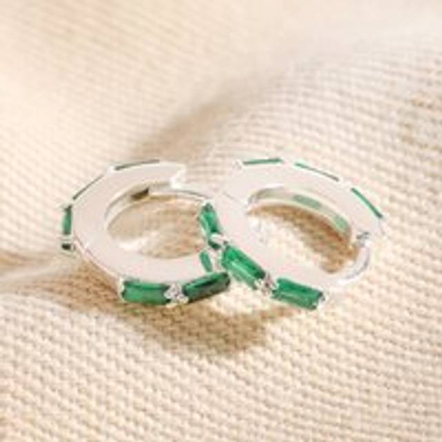 Green Baguette Crystal Huggie Hoop Earrings in Silver - silver/green - one size