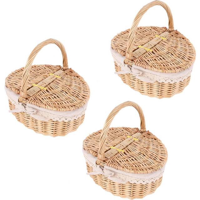 3X Handmade Wicker Basket with Handle Picnic Basket with Double Lids Storage Hamper Basket with Cloth Lining