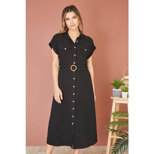 Yumi Black Viscose Linen Look Midi Shirt Dress With Wooden Belt Black 16