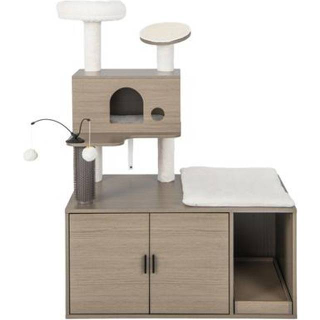 Costway Grey Cat Tree with Litter Box Enclosure 132cm - 105 x 65 x 18cm