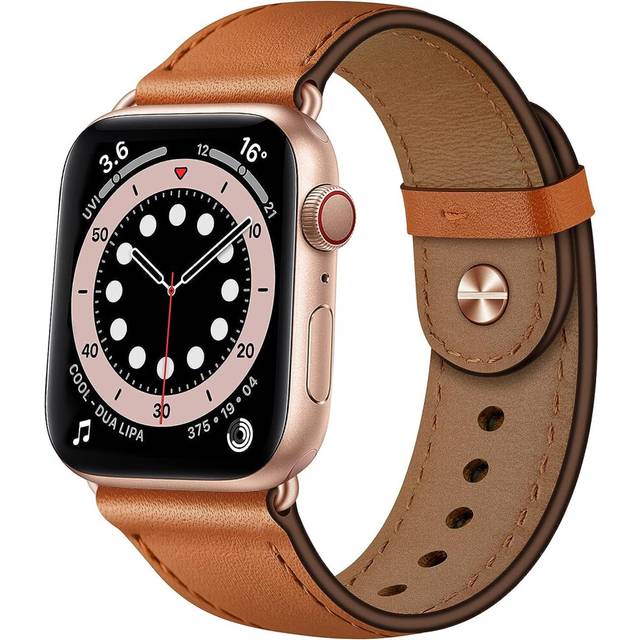 Compatible with Apple Watch Band 49mm 45mm 44mm 42mm , Genuine Leather Bands Strap for iWatch Ultra SE2 SE Series 8 7 6 5 4 3 2 1 (Brown/Rose Gold)