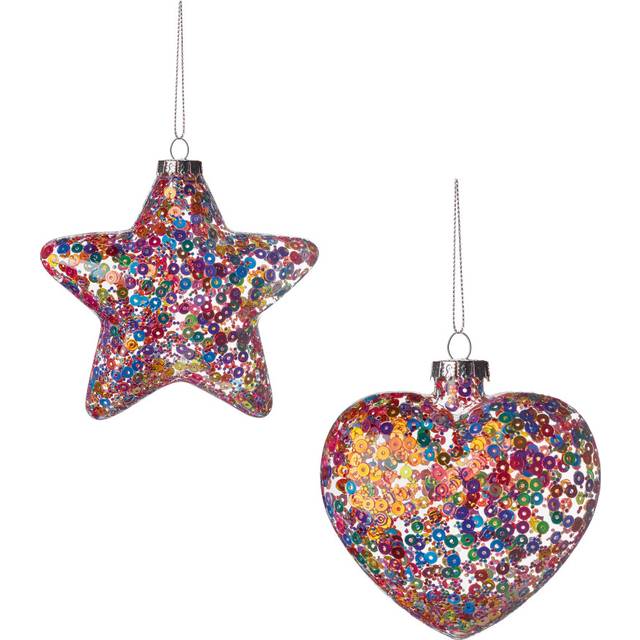 2 Christmas Baubles 90-110mm Pastel Sequin Glass Heart & Star Premier G221168