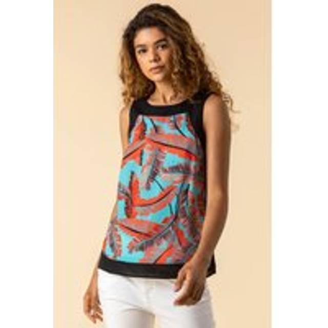 Roman Womens Contrast Trim Leaf Print Top - Orange - Size 20 UK
