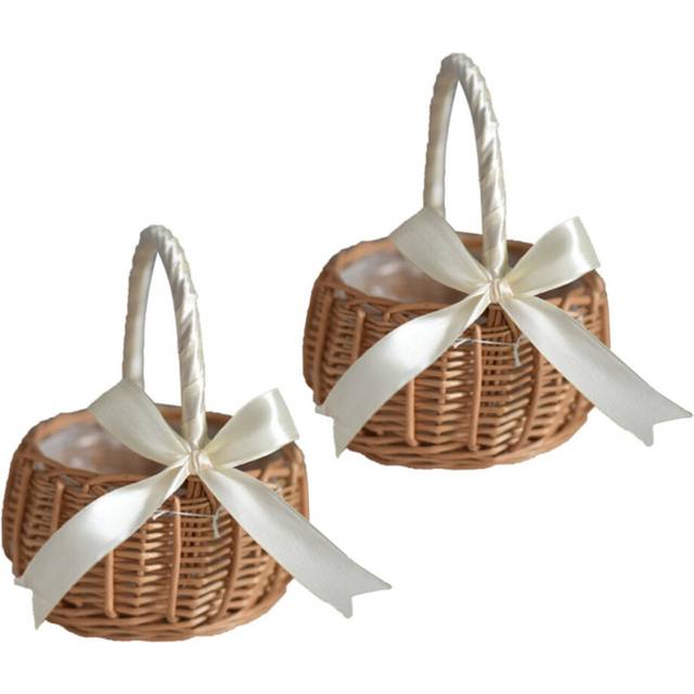 2X Woven Rattan Storage Basket Flower Girl Hand Basket Handmade with Bow, S