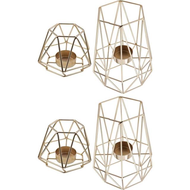 4 Gold Geometric Metal Candle Holders for Living Room & Bathroom Decorations - Centerpieces