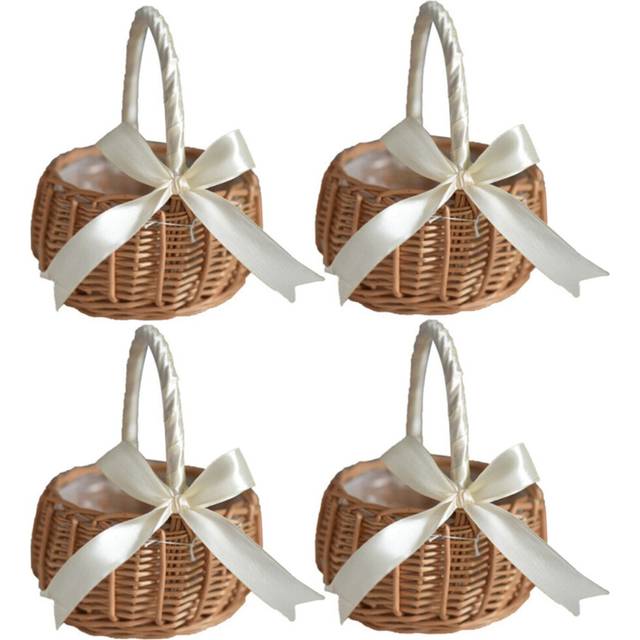 4X Woven Rattan Storage Basket Flower Girl Hand Basket Handmade with Bow, S