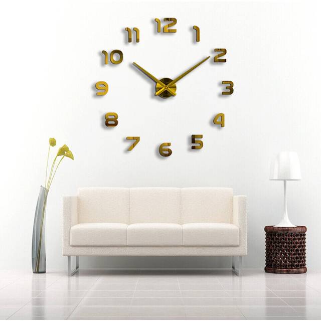 (Gold) 3D Frameless Wall Clock Modern Mute Large Mirror Surface DIY Room Home Office Decorations
