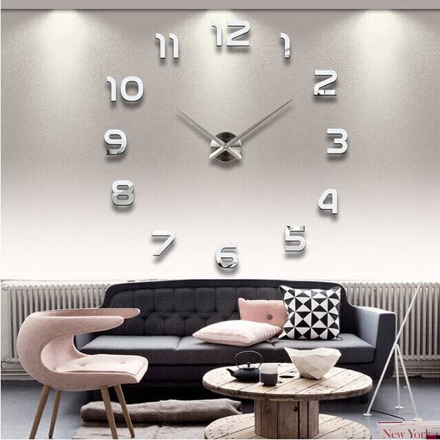 (Silver) 3D Frameless Wall Clock Modern Mute Large Mirror Surface DIY Room Home Office Decorations