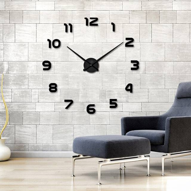 (Black) 3D Frameless Wall Clock Modern Mute Large Mirror Surface DIY Room Home Office Decorations
