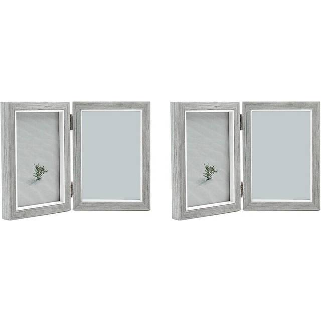 2X Double Picture Frame 4X6in Rustic Grey Photo Frames Wooden Hinged Folding,Wedding Gifts,Mother's Father's Day Present