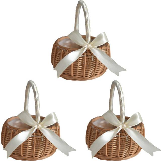3X Woven Rattan Storage Basket Flower Girl Hand Basket Handmade with Bow, S