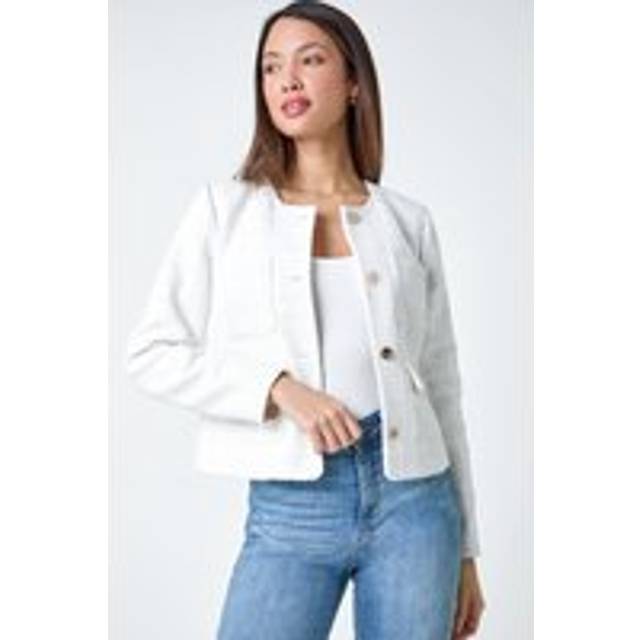 Collarless Boucle Jacket - Ivory - 14