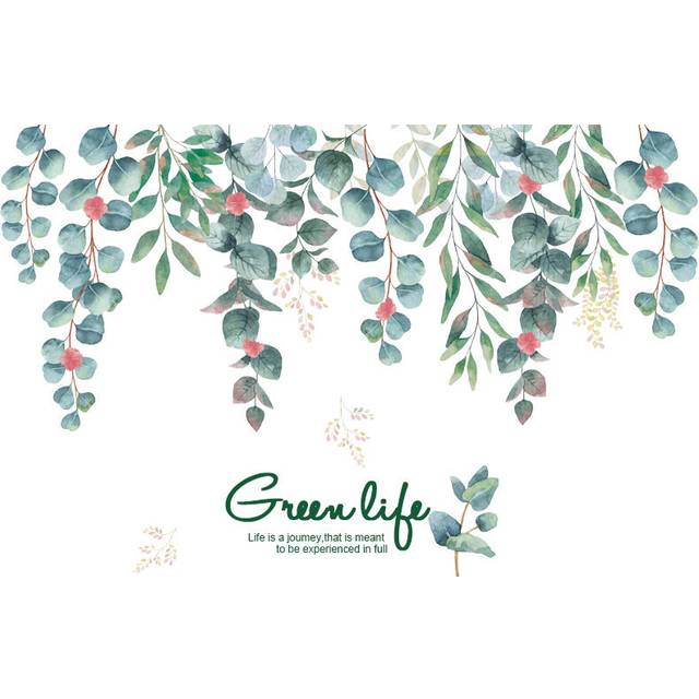 Green Hanging Leaf Wall Decals, Removable Fresh Plant Leaves Flower Vines Wall Stickers, Green Plants Wall Mural-Vine1-2