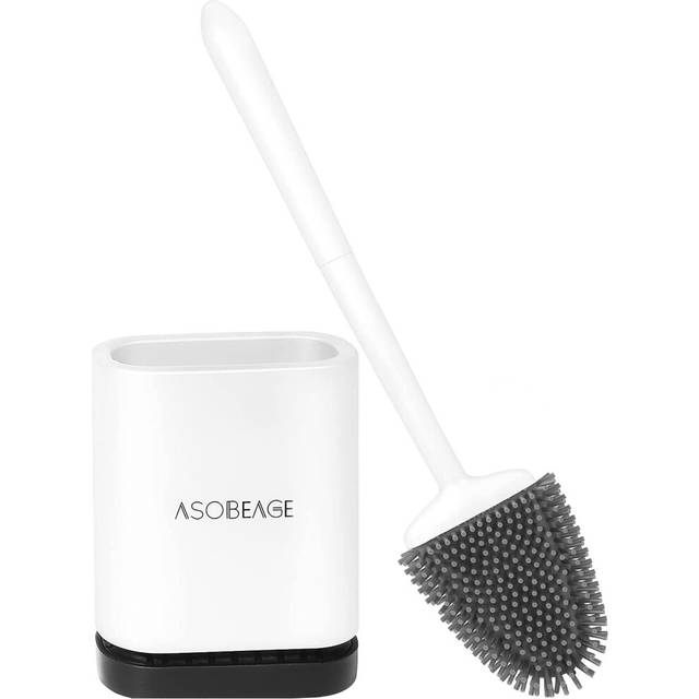 ASOBEAGE Silicone Toilet Brush: Flexible Head, Long Handle, Wall-mounted, Quick-drying Holder for Bathroom Clean (White)