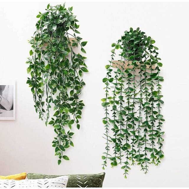 2pc Artificial Hanging Plants with Pots Fake Vine Hanging Leaves Home Wall Decor
