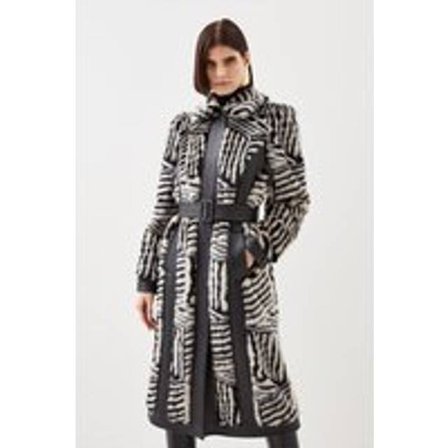 Faux Fur Pu Panelled Stripe Belted Coat
