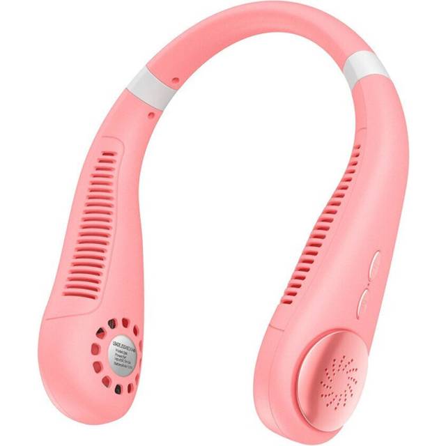 (Pink) Three-speed Adjustment Mini Bladeless Fan Neck Fan Rechargeable Portable Outdoor Indoor Camping Travel