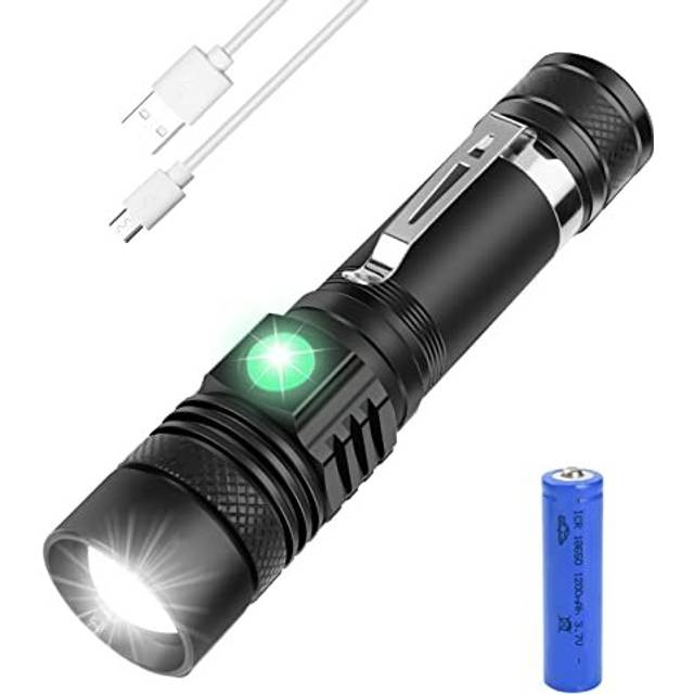 LED Torch Rechargeable, Mini Clip Torch with 1x18650 Batteries, CREE-T6 Super Bright 1200 Lumens, Lightweight Waterproof 4 Modes, Zoomable Flashlights