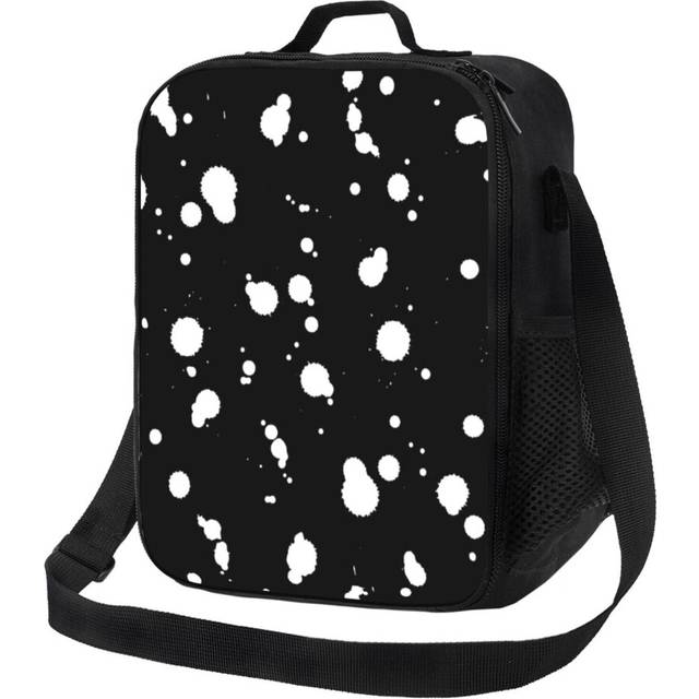 Kids Lunch Bag Vintage Seamless Pattern With Ink Blot Dot, Grunge Ink Texture. White On Black Insulated Tote Box for Girls Boys Back to School