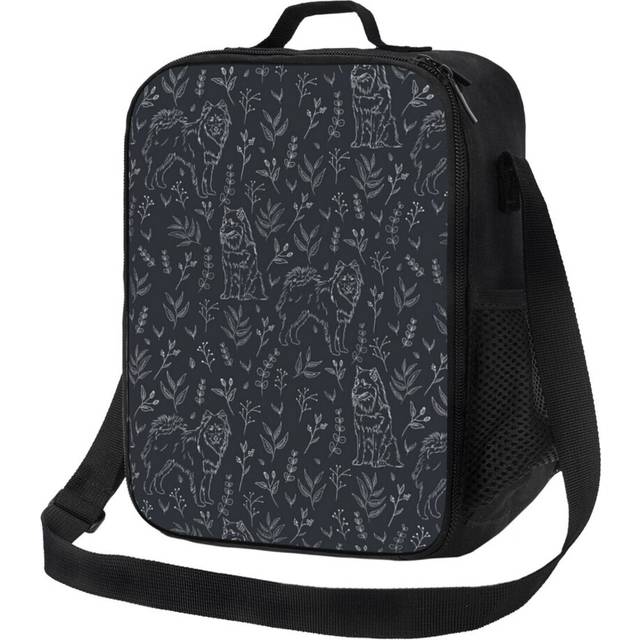 Kids Lunch Bag Finnish Lapphund Sketched Floral Pattern Dark Insulated Tote Box for Girls Boys Back to School